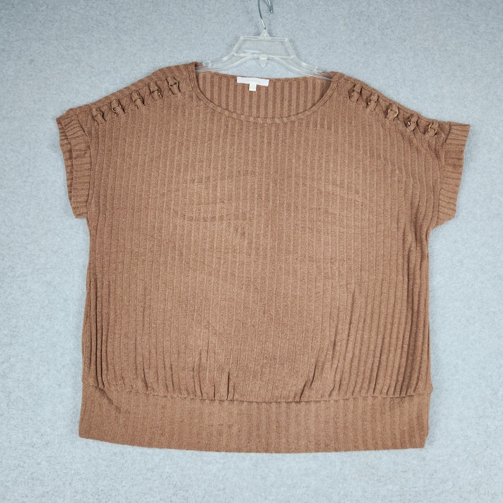 Ivy Ridge Knitted Top Womens XL Brown Ribbed Short Sleeve Shoulder Lattice